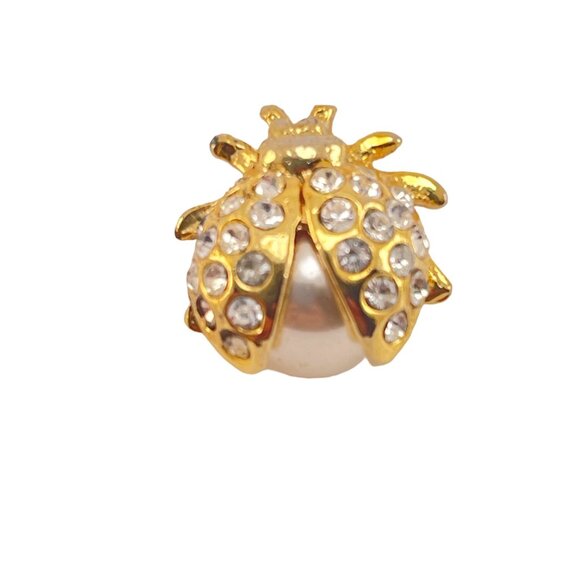 Vintage Gold Ladybug Brooch With Rhinestones & Faux Pearl Accent - Picture 2 of 6